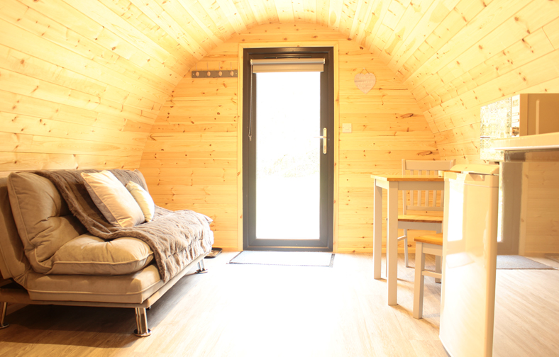 The living area of the eco pod in mount hillary glamping cork