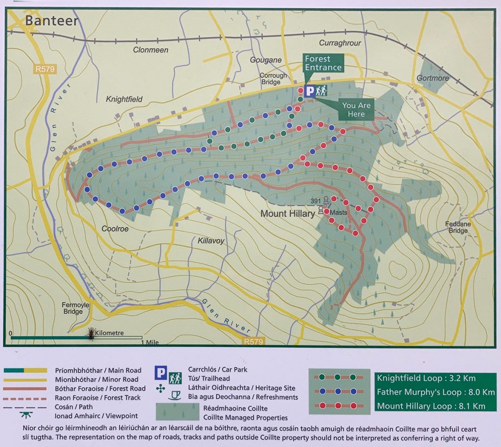 A map of the walking routes in mount hillary duhallow north cork